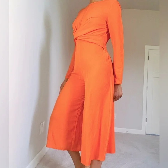 Orange long-sleeve Wrap Front Jumpsuit - Picture 5 of 11